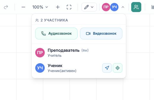 Меню участников LearnBoard с кнопками «Аудиозвонок» и «Видеозвонок»