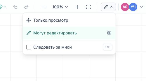 Меню режима ученика с вариантами «Только просмотр» и «Могут редактировать»